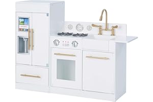 Teamson Kids Little Chef Charlotte Modern Modular Interactive Wooden Play Kitchen with Refrigerator, Stove and Sink in White with Gold Finishes