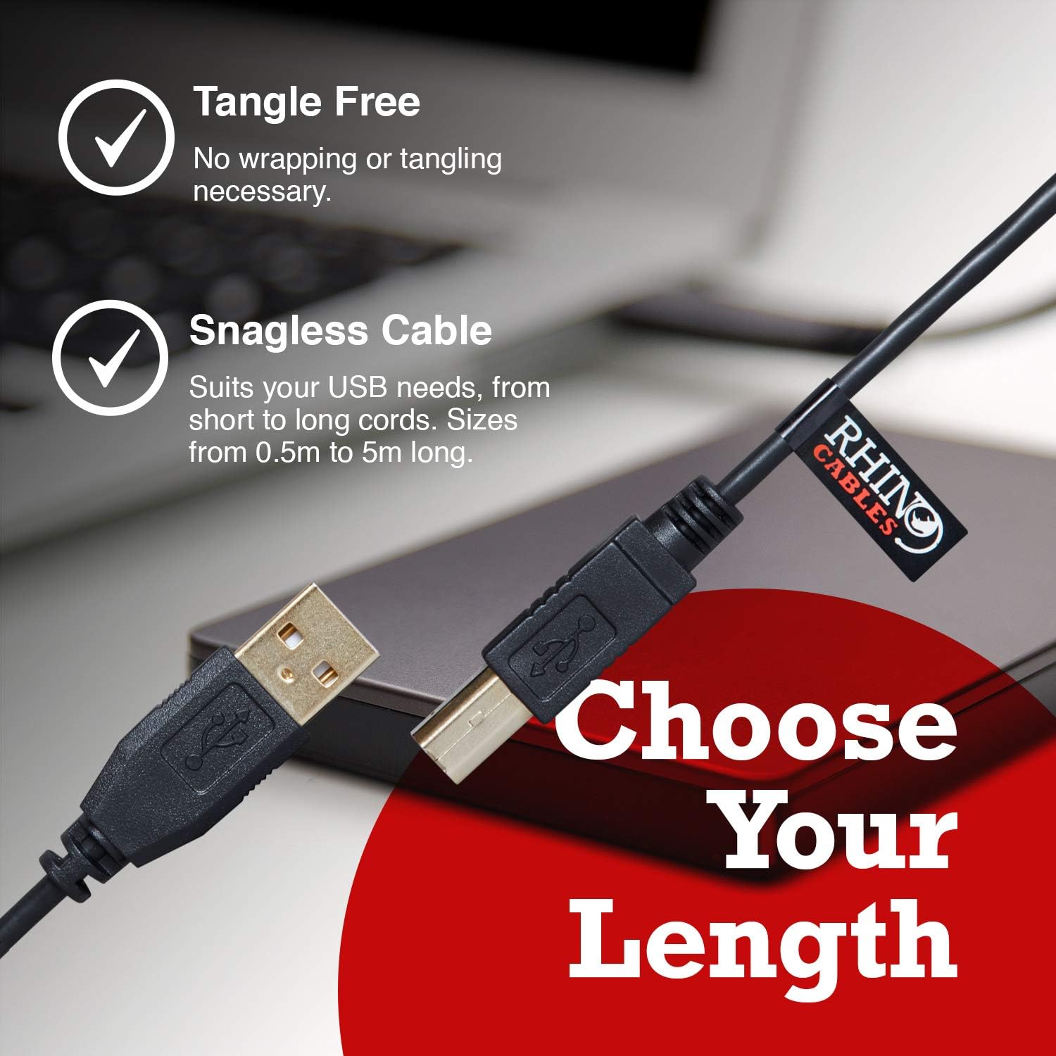 rhinocables USB 2.0 Printer Cable, Gold,Black, 0.5m - Image 4