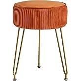 IBUYKE Velvet Round Footrest Stool Ottoman, Makeup Vanity Stool Side Table, Velvet Dressing Table Seat, Pouf Couch Stool, Golden Steel Legs, Orange LG-30J