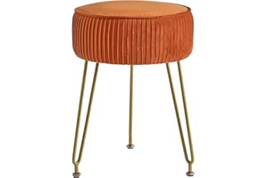 IBUYKE Velvet Round Footrest Stool Ottoman, Makeup Vanity Stool Side Table, Velvet Dressing Table Seat, Pouf Couch Stool, Golden Steel Legs, Orange LG-30J