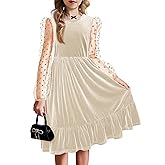 Arshiner Girls Dresses Contrast Mesh Velvet Long Sleeve A-Line Vintage Party Dress with Pockets