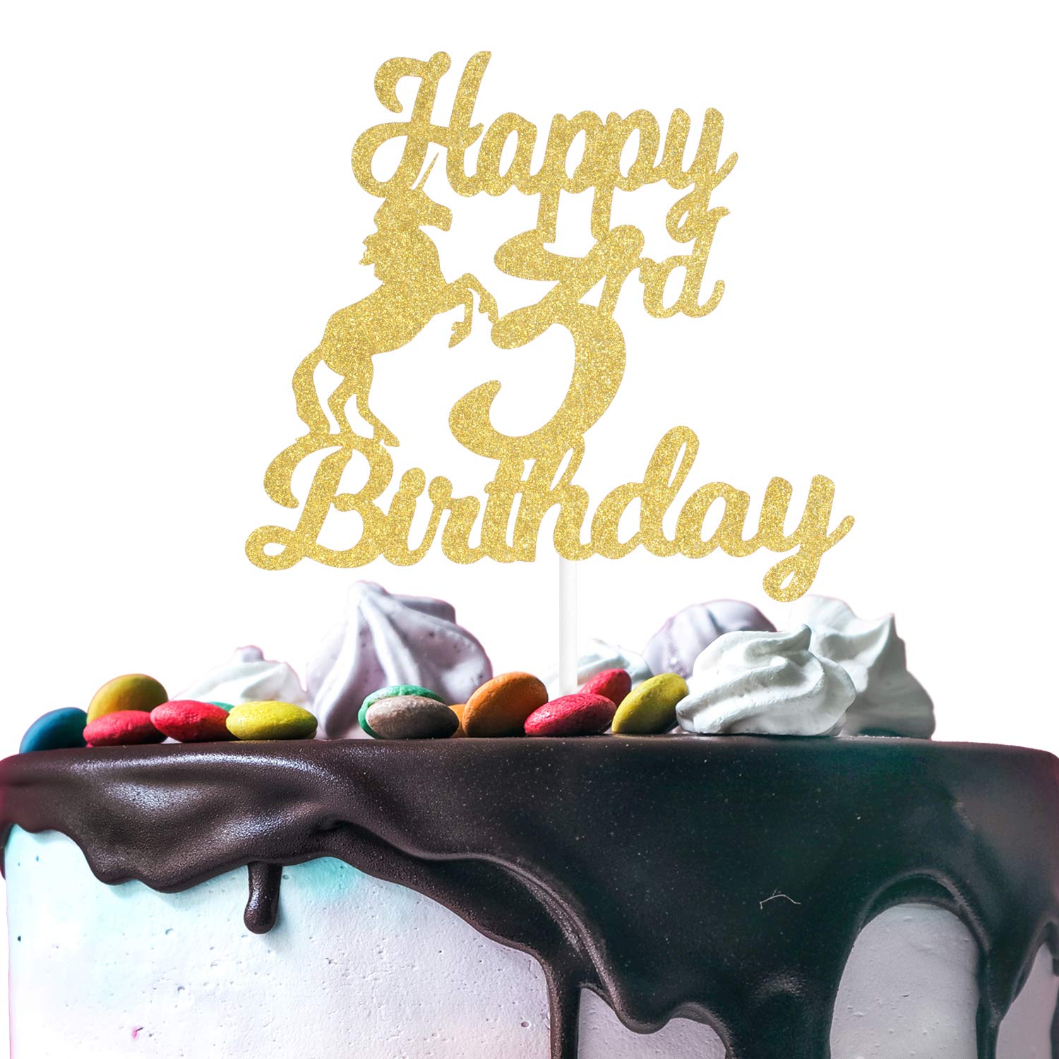 Happy 3rd Birthday Cake Topper Disney Unicorn Theme Gold Glitter