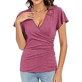 Womens Summer Sexy Deep V Neck Wrap Tops Ruffle Short Sleeve Criss Cross Ruched T Shirts Slim Fit Blouse