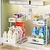 Delamu 2 Pack Metal Bathroom Organizers and Storage, 2 Tier Pull Out Under Sink Organizer with 2 Small Baskets, Adjustable Under Sink Shelf for Multipurpose Cabinet Organizer, White