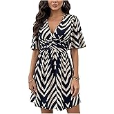 winkbay Women's Summer Geo Print Deep V Neck Dress Boho Ruched A Line Flowy Mini Beach Vacation Dresses
