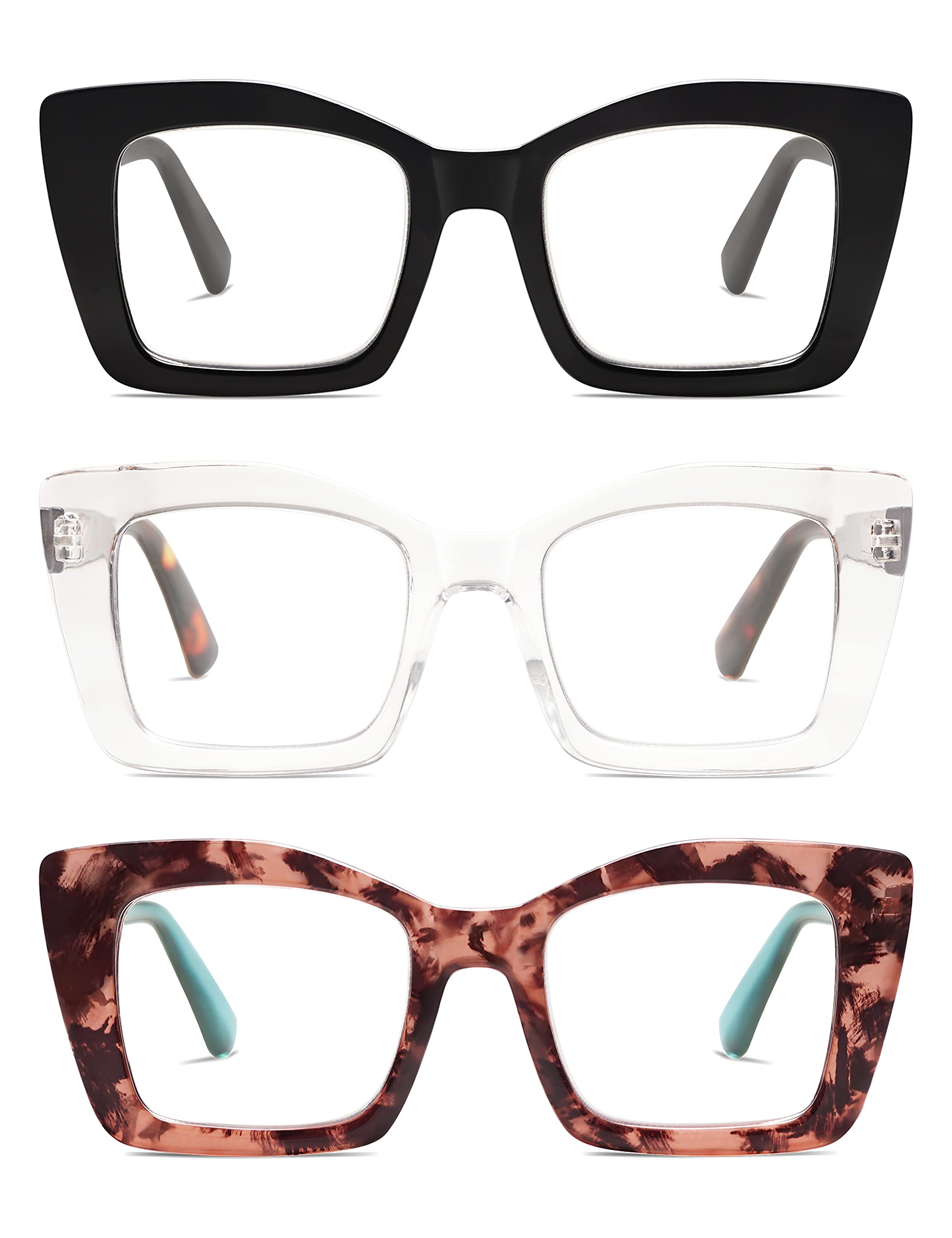 Photo 1 of 3-Pack Retro Square Reading Glasses for Women Trendy Blue Light Blocking Readers 1.5 with Spring Hinge AM6066 Mix (+1.50 Magnification Strength)