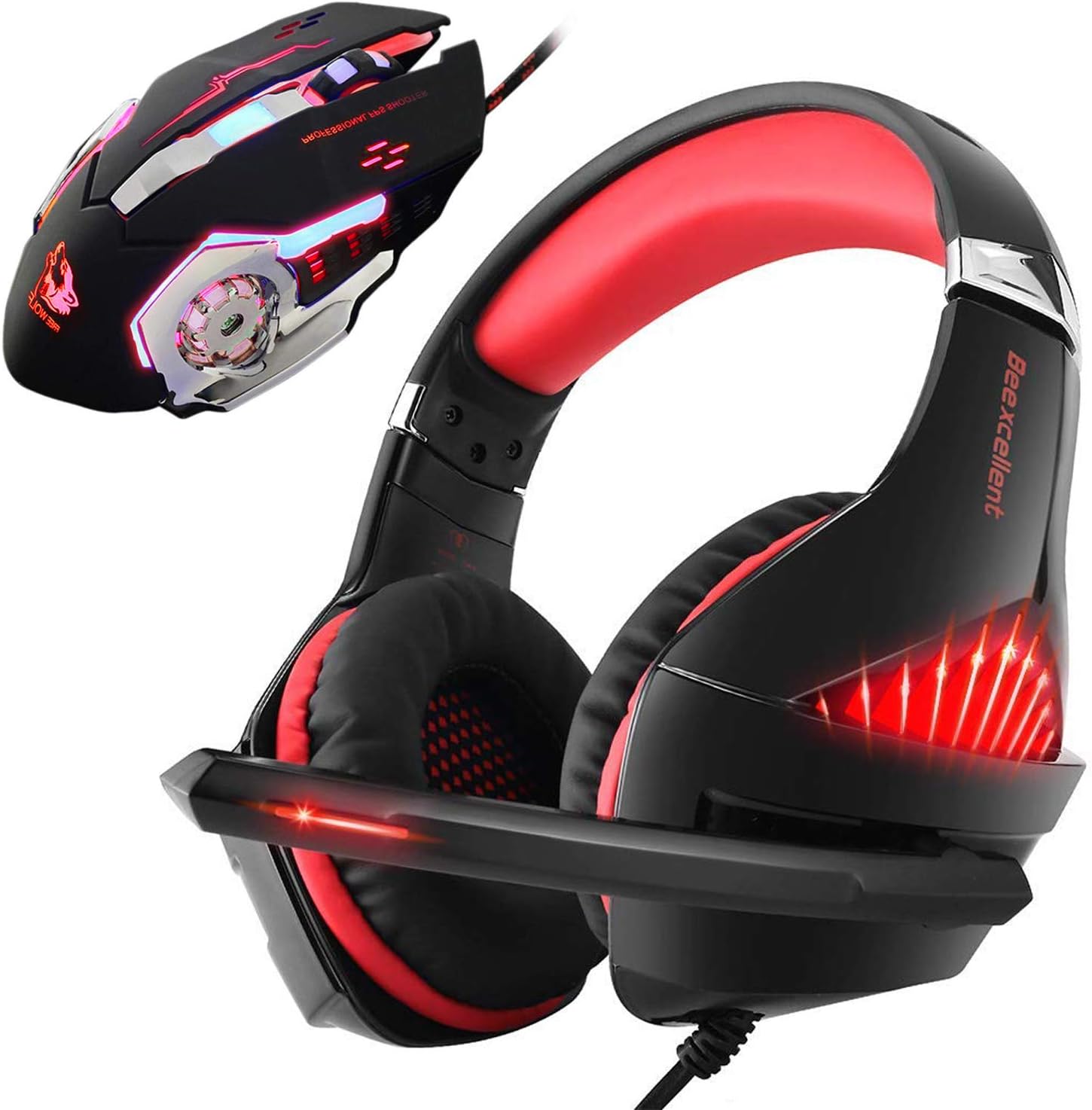Gaming Headset and RGB Mouse Combo, Pro Gaming Headset for Xbox One, PS4, PC, Laptop with Mic, LED Over-Ear Headphone, 4000DPI Wired Ergonomic USB Gaming Mouse, 4 Adjustable DPI with 6 Button