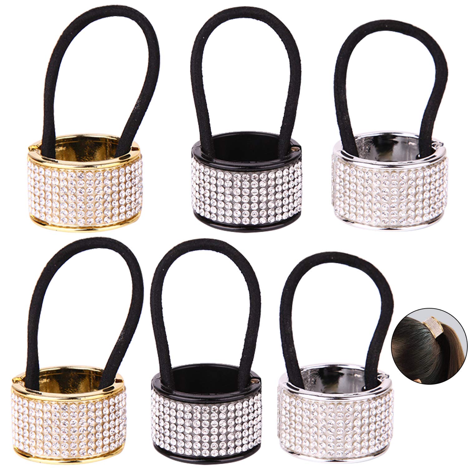 6 Pcs 3 Color Alloy Rhinestone Hair Ponytail Cuff Band Wrap Holder Elastic Hair Ties for Lady Women Girls (Gold & Silver & Black)