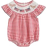 Doqcey 4th of July Baby Girl Outfit USA Flag Embroidery Smocked Bubble Romper Plaid Ruffle Sleeve Bodysuit Summer Clothes