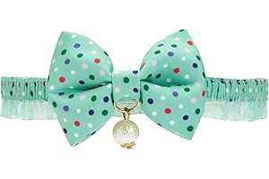 Blueberry Pet Refreshing Green Polka Dot Breakaway Bowtie Cat Collar Lace Choker Necklace with Handmade Bow Tie and Pearl Charm, Safety Elastic Stretch Collar for Cats, Neck 8.5"-12"