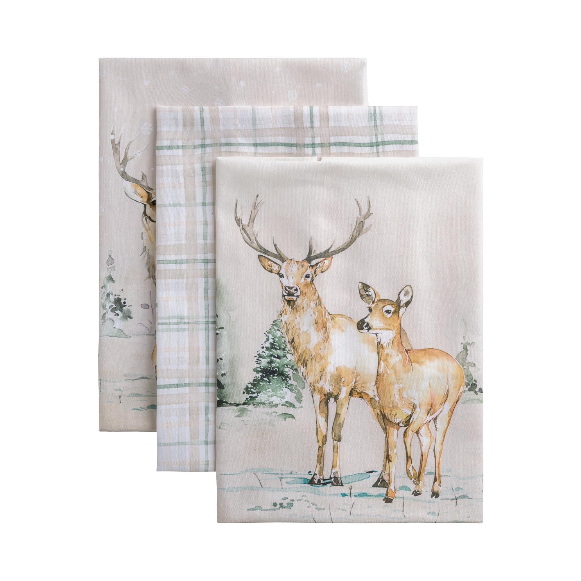 Maison d' Hermine Kitchen Towels Set of 3 100% Cotton 70 CM x 50 CM Reusable Cloth Tea Dish Towels Absorbent with Hanging Loop for Kitchen Dining Christmas Decorations (Deer in The Woods)