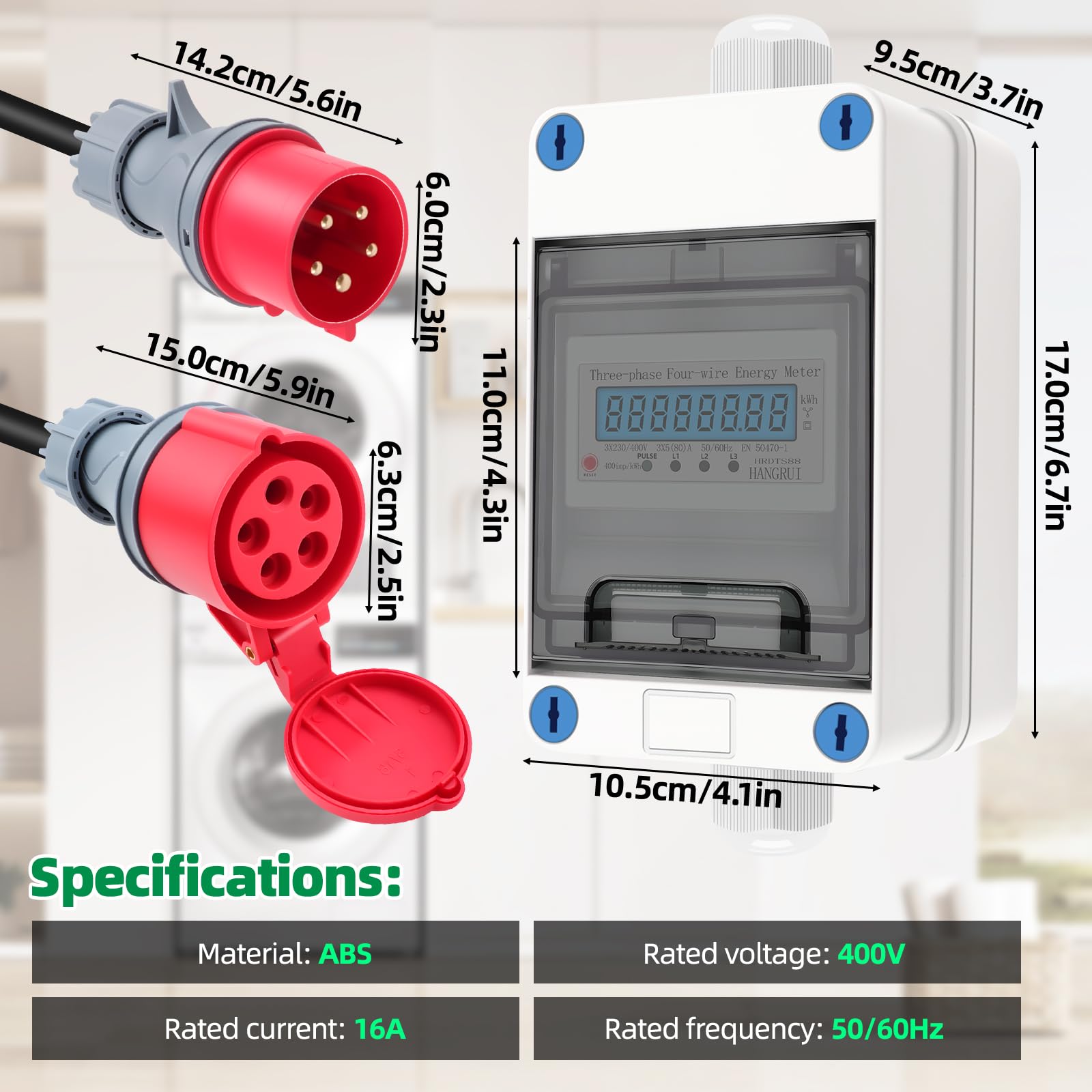 3 Phasen Mobiler Stromzähler, 16A 400V Mobiler Digitaler Stromzähler Mit CEE Stecker und Kupplung, Mobiler Digitalzähler Mit Mit Rückstellfunktion, 2m Kabel, IP68 Steckdosenadapter Zähler 6