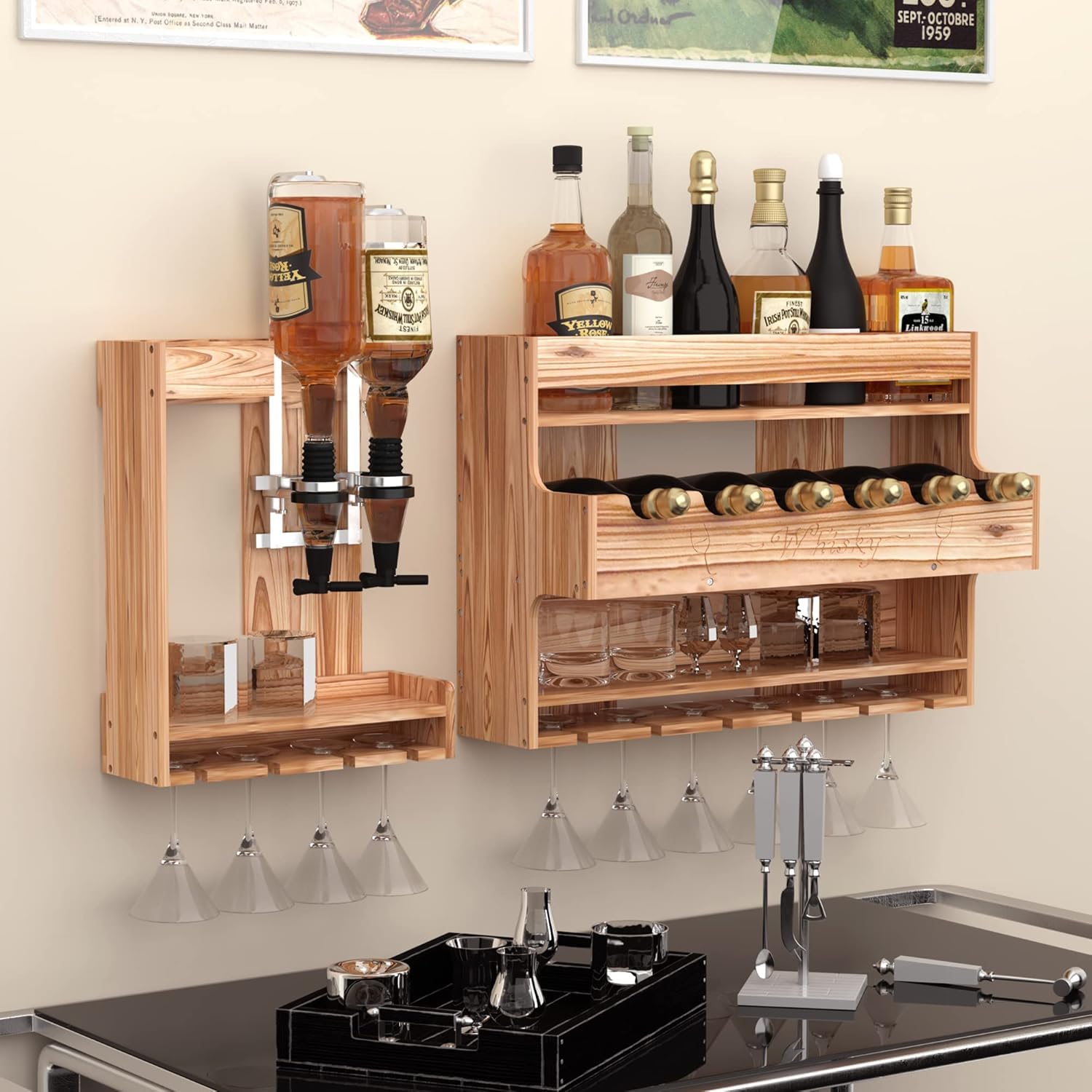 Gtouse Wood Wine Rack Wall Mounted, Wall Bar Shelf with Glass Holder ...