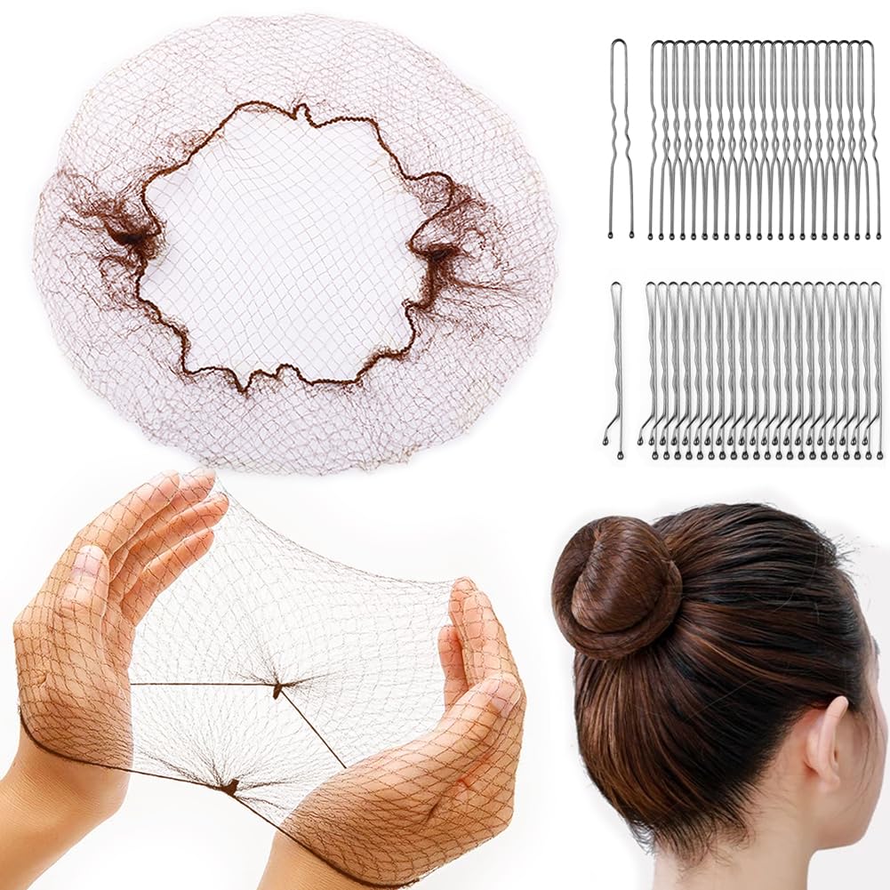 Photo 1 of 130PCS Hair Nets Set Invisible Elastic Hair Nets for Women U-Shaped Hair Pins for Ballerina Buns - 30pcs Brown Nets (12, 24 Inch) and 50 U-Hair Pins 50pcs Bobby Pins,2 Size Brown