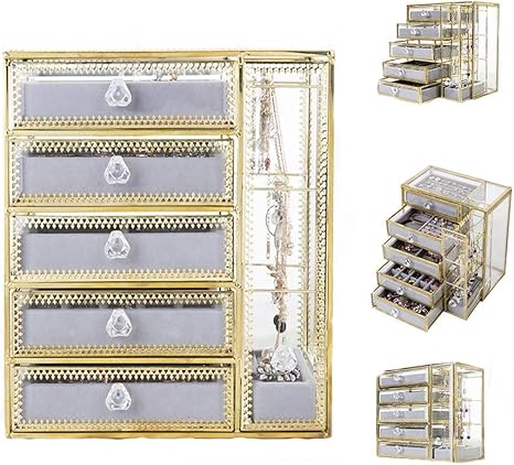 Amazon Co Jp 北欧のスタイリッシュなハイグレードゴールデン透明ジュエリーボックスガラス収納ボックス手作り引き出しタイプボックスイヤリングネックレスリングジュエリーデスクトップ収納ジュエリーボックス ジュエリー