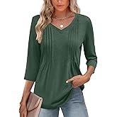 Romanstii Shirts for Women 2026 Spring 3/4 Length Sleeve Womens Tops Dressy Casual Pleated Blouses V Neck Tee Shirts S-3XL