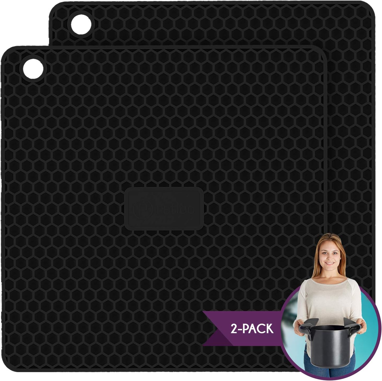 PratiPad Plus 4-in-1 Multipurpose Silicone Pot Holders, Trivets, Jar Openers, Spoon Rests - Extra Thick Protection - Set of 2 - Black