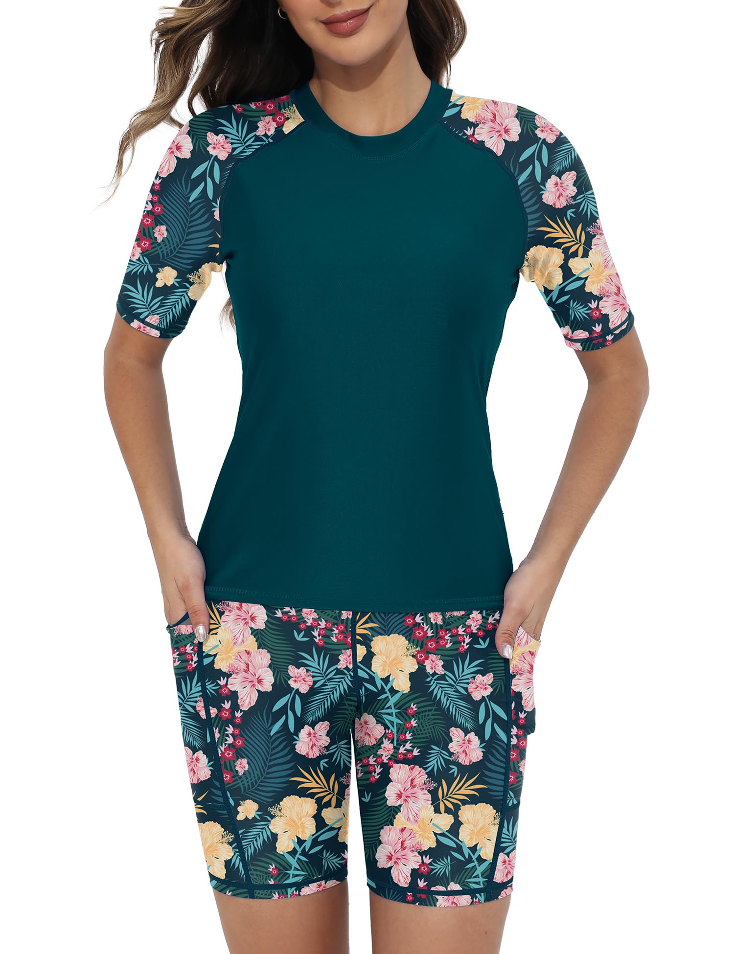 Photo 1 of Tournesol Women's 2 Piece Rash Guard Short Sleeve Swim Shirts UPF 50+ Built-in Bra Swimsuit with Boyshorts with Pockets Large