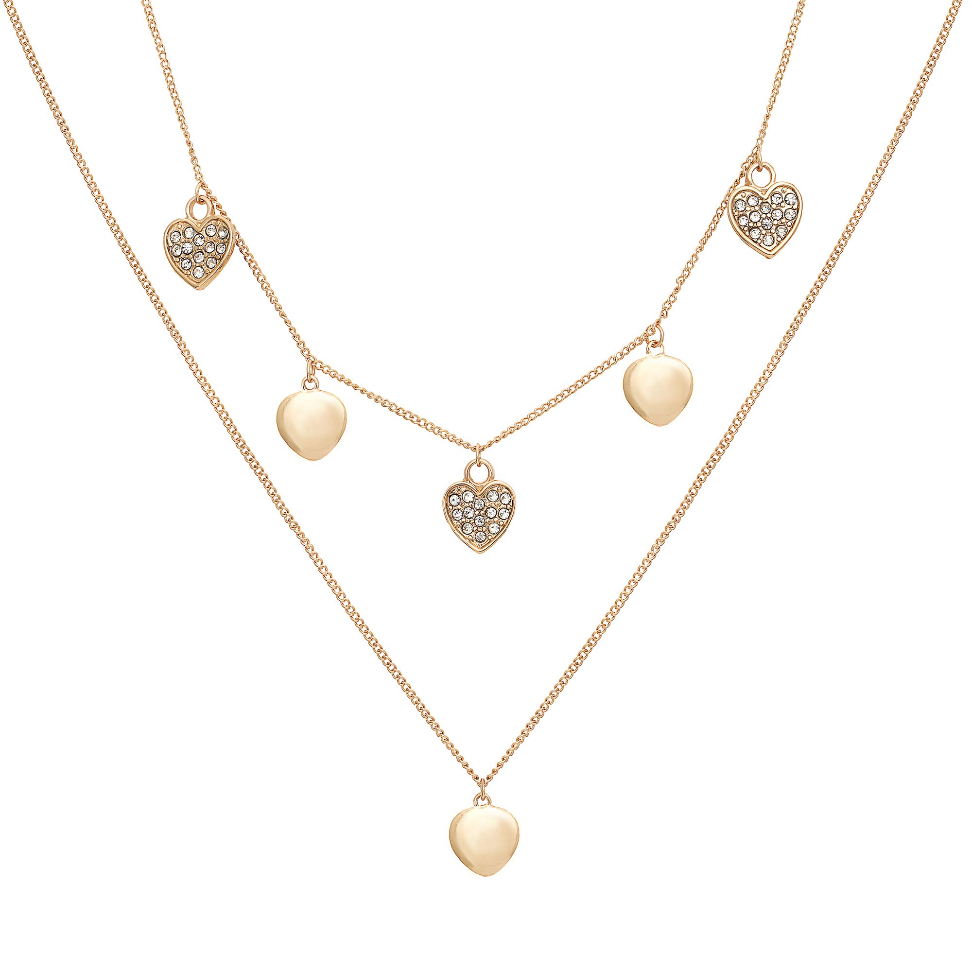 Caramel Jewellery London Hearts Full of Sparkle Double Layered Charm Necklace. 18ct Gold Plated Crystal Effect for Women & Girls 39.5cm 44cm