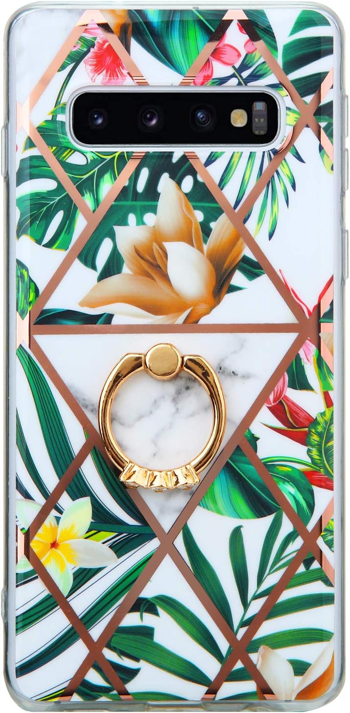 Galaxy S10 Plus Case for Girls Women,Green Floral Marble Design Glossy Slim Fit Shock Proof Soft TPU Full Body Protective Cover Case with 360 Degree Rotating Ring for Samsung Galaxy S10 Plus