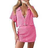 Saodimallsu Womens 2 Piece Cover Up Set Crochet Beach Summer Knit Button Short Sleeve Crop Top Mini Skirt Sets