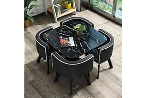 NUIPESN Office Reception Table Set for 4, Versatile Small Coffee Dining Table and Chair Set, Round/Square Furniture for Conference Room, 31.5 (Black Marble + Black, Square, Leather, 31.5"L*31.5"W*29.13"H)