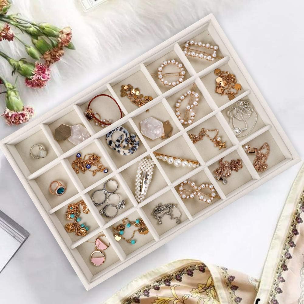 Mebbay Stackable Velvet Jewelry Trays Organizer, Jewelry Storage Display Trays All Velvet for Drawer, Earring Necklace Bracelet Ring Organizer, Set of 3 (Creamy White): Home & Kitchen