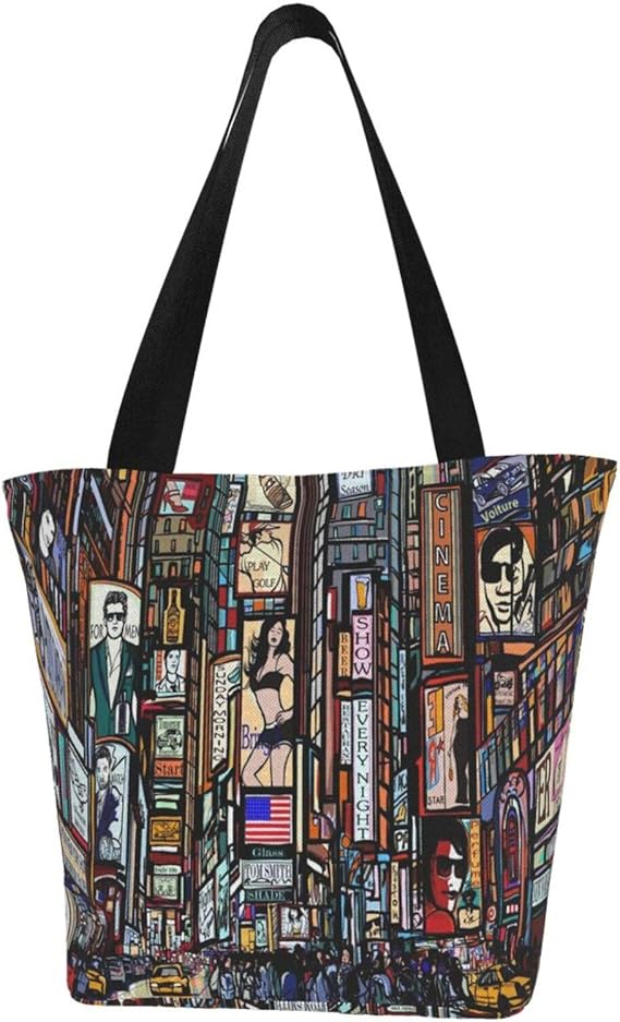 Amazon エコバッグ トートバッグ 買い物バッグ 買い物袋 ニューヨーク市の通りのイラスト タイムズスクエア ベクトルイラスト エコバッグ トートバッグ 買い物バッグ 買い物袋 28x33cm シューズ バッグ