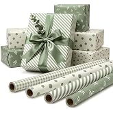 4 Rolls Sage Green Wrapping Paper- 17 x 120 in Wedding Gift Wrap Paper | Stripe Polka Dot Check Beige Leaves Design for Birthday Baby Shower Wedding Bridal Shower Christmas