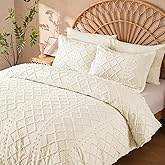 Manyshofu 5Pcs Boho Queen Duvet Cover Set - Tufted Beige Duvet Cover Pattern, Shabby Chic Boho Bedding Set Textured Comforter Covers with Embroidery Pillow Shams