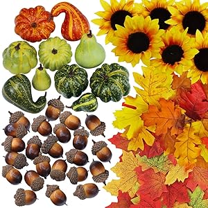 Supla 451 Pcs Fall Harvest Table Decor Vase Filler Bowl Filler Mini Pumpkin Gourd Acorns Silk Sunflower Heads Autumn Leaves Oak Leaf Maple Leave for Falling Wedding Thanksgiving Halloween Party Decor