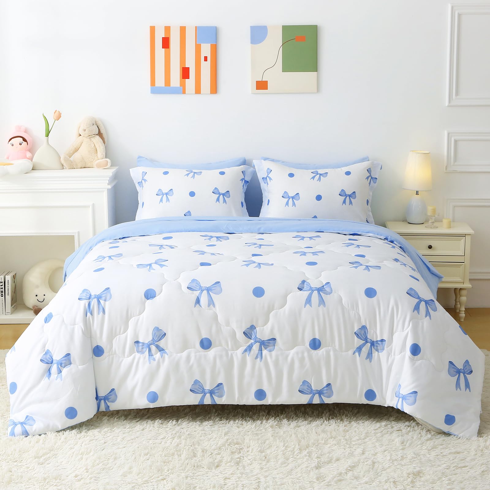 Wajade 7 Piece Blue Bow Comforter Set for Girls Kids Full Size Bedding Set with Sheet and 2 Pillowcases 2 Pillow Shams Cute Girls Bed in a Bag as Birthday Choice Image