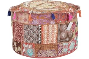 The Harry Creations Decorative Patchwork Comfortable Indian Ottoman Ethnic Cotton Cushion Bean Bag Designs Floor Embroidered Pouf Cover (Brown, 18"x13")