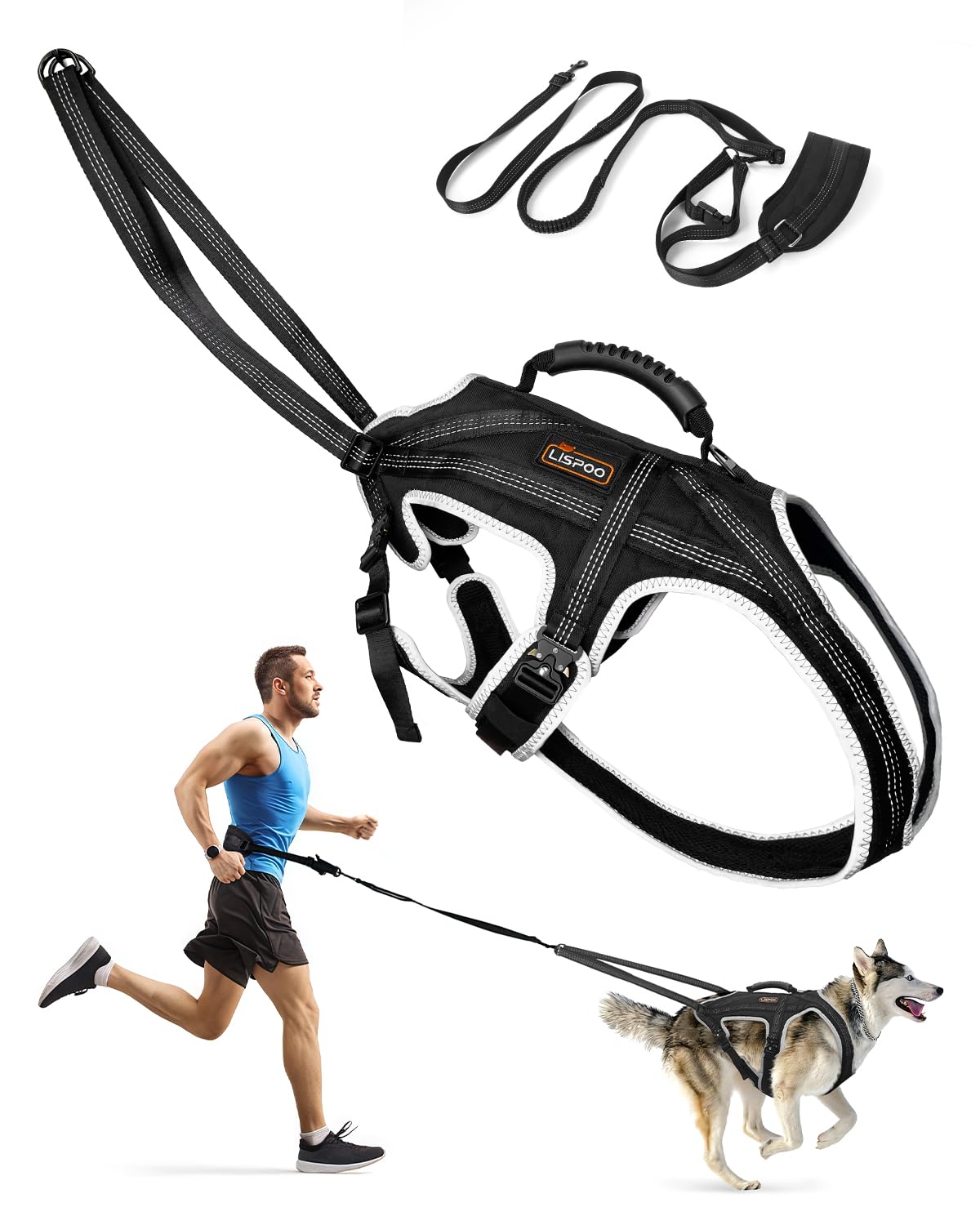 Photo 1 of LISPOO Dog Pulling Harness for Running, Skiing, Biking & Weight Pulling – Adjustable Sled Dog Harness with Leash & Waist Leash Attachment for Medium & Large Breeds (L)