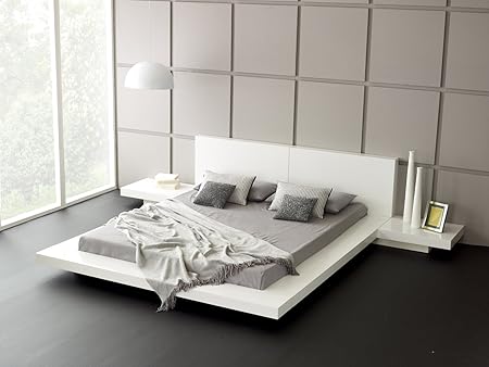 HEKAMI Engineered wood King Size Bed with Side Tables, White High Gloss Finish (White)