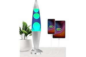 JAMBO 16-Inch Beautiful Lamp with Wax, Relaxing Night Light Home Decor, Extra Tall, Living Room Office Bedroom Lamp for Adults, Teens, Kids (USB, Auto Shut Off, Silver Base, Blue Liquid, Yellow Wax)