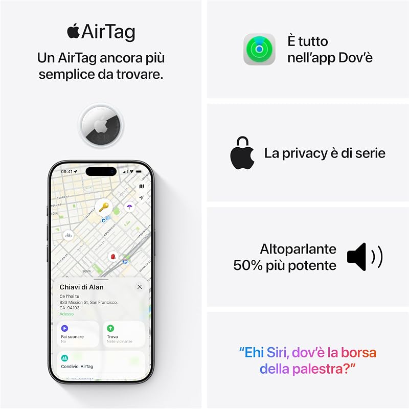 AirTag (seconda generazione): utile per localizzare portachiavi, portafogli e molto altro; funziona emettendo un suono; si configura con un semplice tap da iPhone o iPad