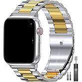 EPULY Compatible with Apple Watch Band 42mm 44mm 45mm 38mm 40mm 41mm, Business Stainless Steel Metal Wristband for iWatch SE Series 7 6 5 4 3 2 1 for Men Women (Silver+Gold, 45mm 44mm 42mm)