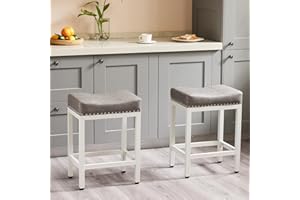 Sweetcrispy Bar Stools Set of 2, Counter Height 24 inch Saddle Stools, Modern PU Leather Barstools with Metal Base and Footrest, Upholstered Bar Chair for Kitchen Island, Grey