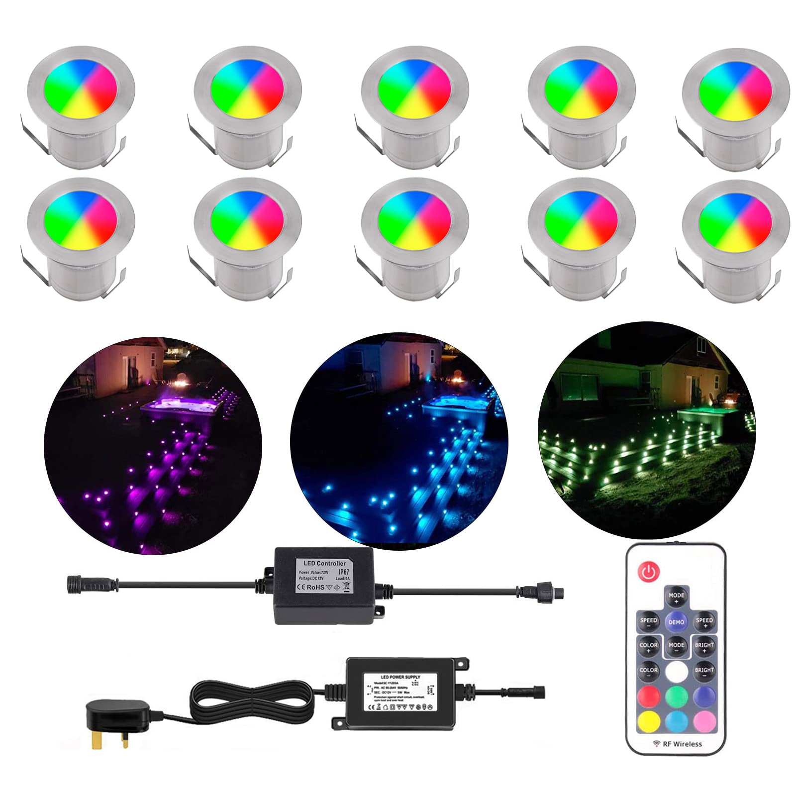 YZGWZLD Decking Lights Mains Powered 45mm RGB Color Changing Plinth LED Deck Lights IP67 Waterproof 0.5W Buried Garden Ground Light for Indoor/Outdoor Christmas Decor Light 10 Pack