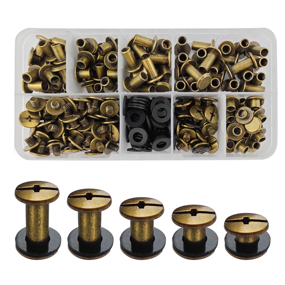 SHSMPXOY 100 Sets Chicago Screws M5*4/6/8/10/12mm Chicago Book Binding Screws Rivets for Leather Metal Rivet Replacement Repair for DIY Book Scrapbook Bookbinding, Bags,Collars(Bronze)