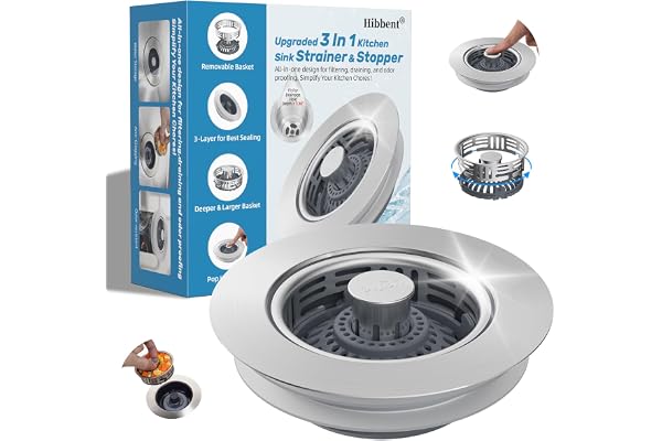 Hibbent Upgraded 3 in 1 Kitchen Sink Drain Strainer, Stainless Steel Pop Up Sink Stopper, Larger Anti-Clogging Basket, 3-Laye