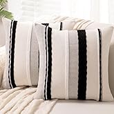 WANLIRD Boho Throw Pillow Covers 18x18 Set of 2 Farmhouse Decorative Cushion Case Striped Square Pillows Cover Chenille Pillow Cases Accent Neutral Pillowcase for Sofa Couch Bed,Black and White