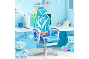 HOFFREE Gaming Chair Massage with Bluetooth Speakers and Led Lights Ergonomic Computer Gaming Chair with Footrest Cute Video Game Chair for Gaming Room Light Blue and White