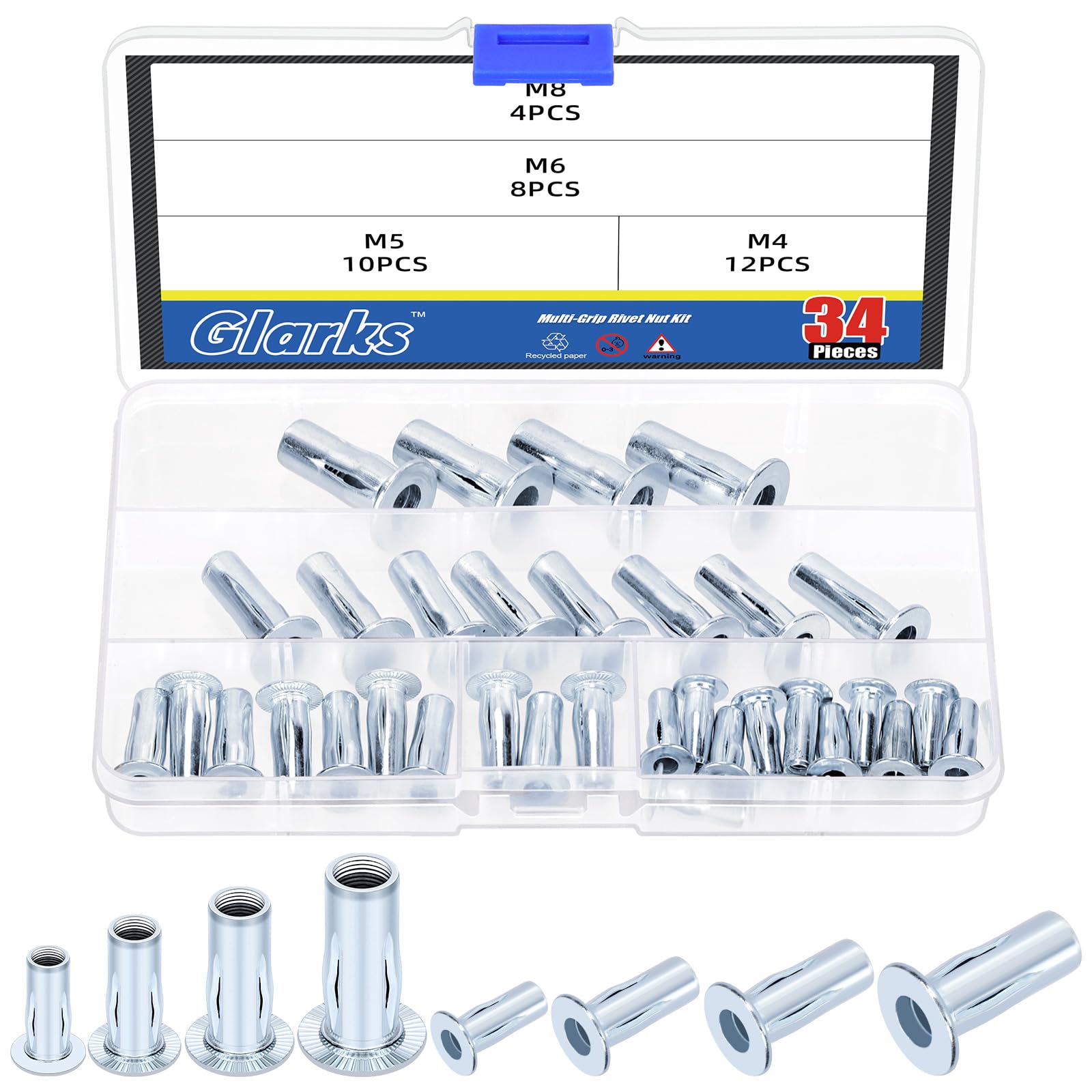 Glarks 34pcs M4 M5 M6 M8 Multi-Grip Rivet Nuts Set White Zinc Plated Carbon Steel Flat Head Rivnut Pre Bulbed Shank Threaded Insert Rivet Nuts for Construction Industrial