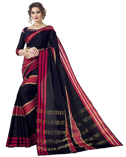 Womens Silk Blend Saree With Unstitched Blouse Piece (c-jari133_Red & Black)