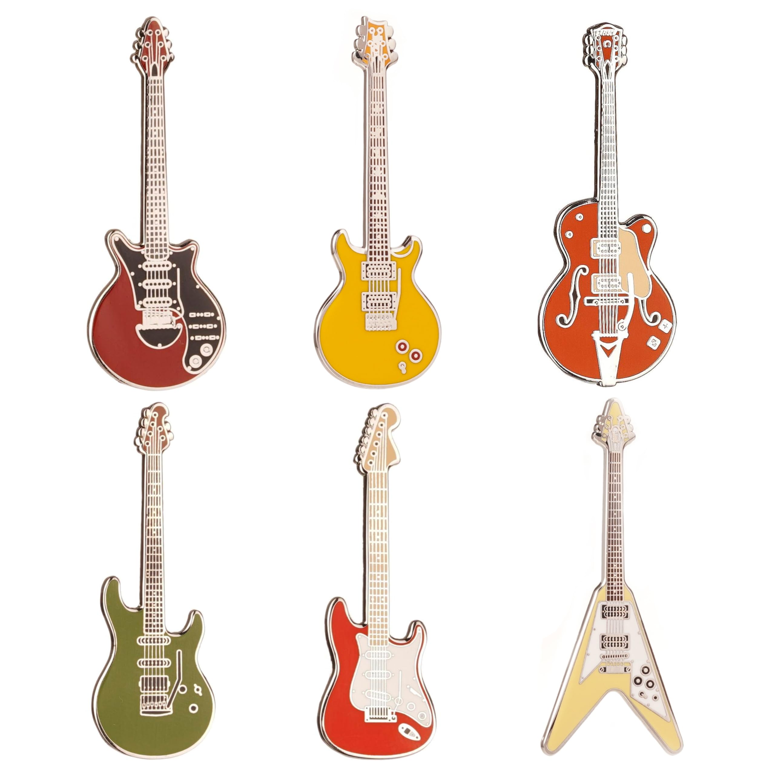 Guitar Pin Brooch 6-Pack Series III | Six Miniature Guitar Badge Brooches | 52 mm Length | Wear on Backpack, Shirt, Jacket, Lapel, Hat, or Tie | Gifted in 6 x Guitar Case Gift Boxes