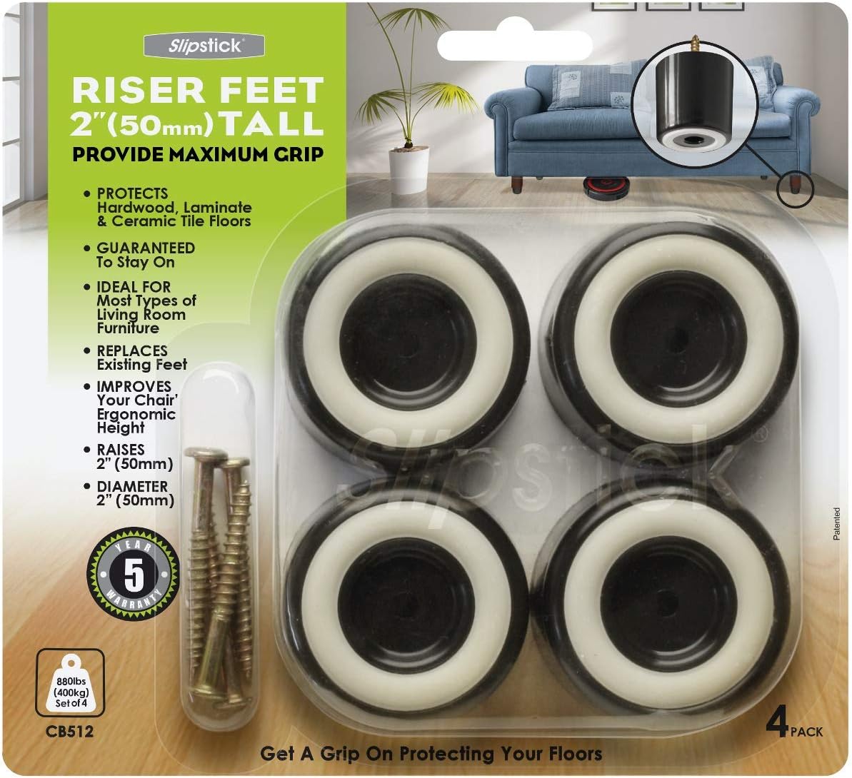 Slipstick CB512 50 mm Tall Floor Protecting Furniture Legs with Non Slip Rubber Grip (Set of 4) Screw In Replacement Legs - Image 5