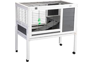 COZIVVOVV Wooden 35Inchs Indoor Outdoor Rabbit Hutch on Wheels, Small Animal Houses & Habitats, Large Bunny Cage with Removable Tray, Single Level Guinea Pig Hamster Cage