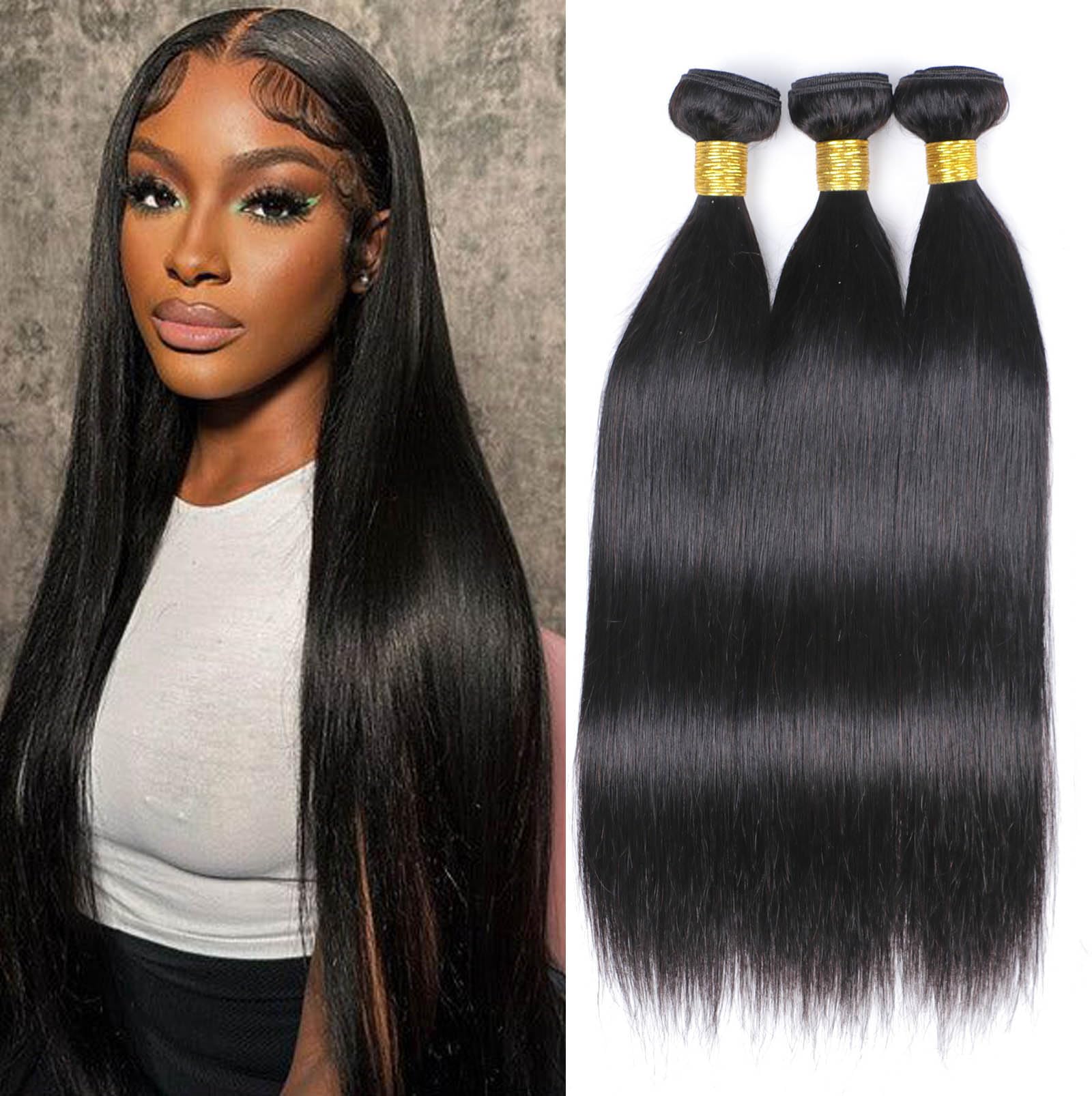 DaiMer Straight Human Hair Bundles (24 26 28) 100% Unprocessed Virgin Brazilian Hair Extensions - 3 Bundles, Natural Black Color — image 1